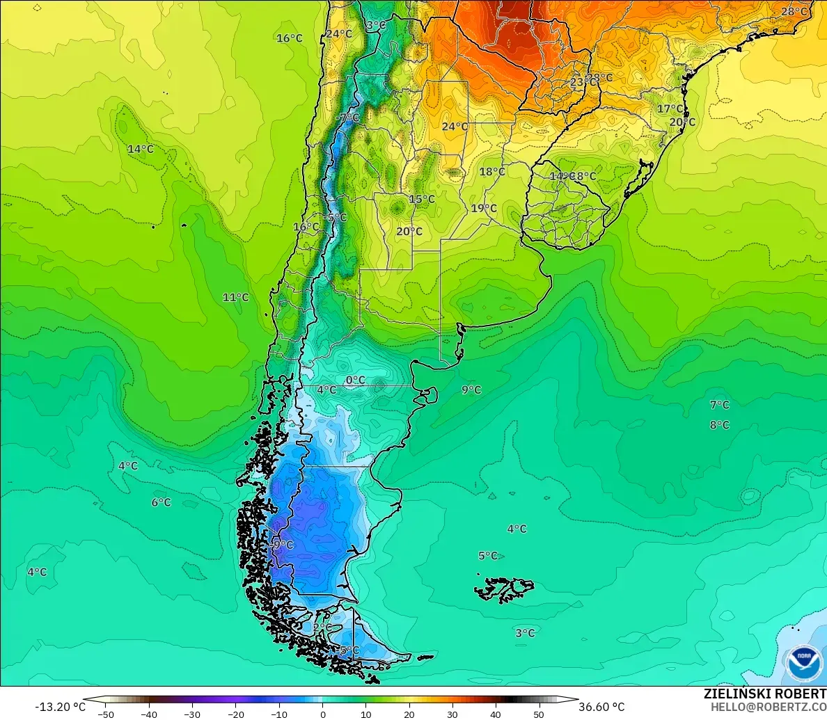 GFS モデル - アルゼンチン, 気温（2m）