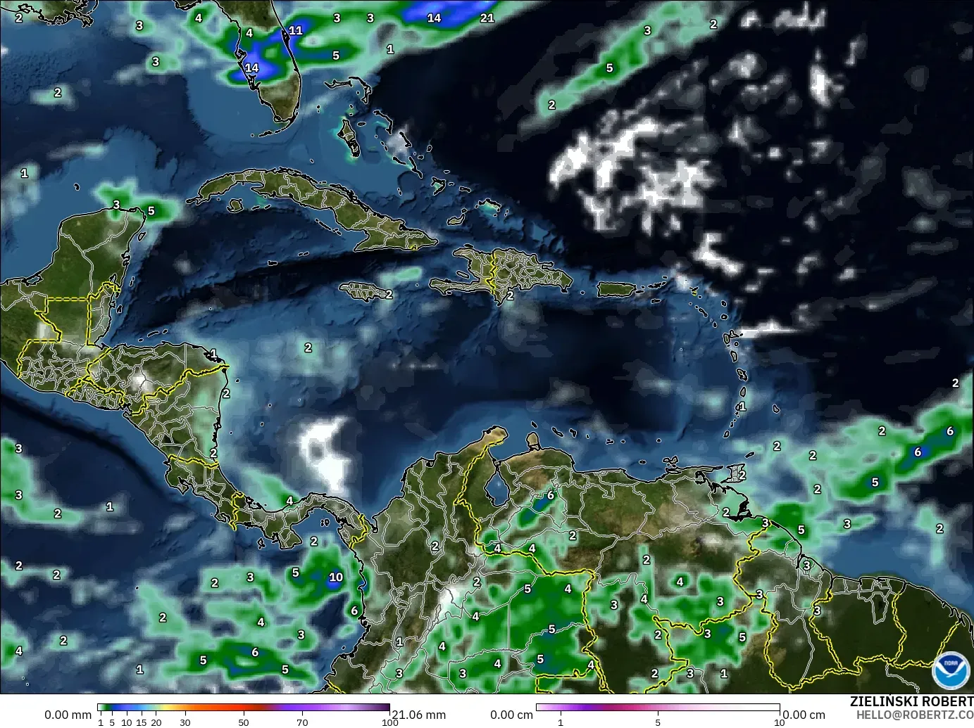 GFS モデル - カリブ海, 降水量、雲、気圧