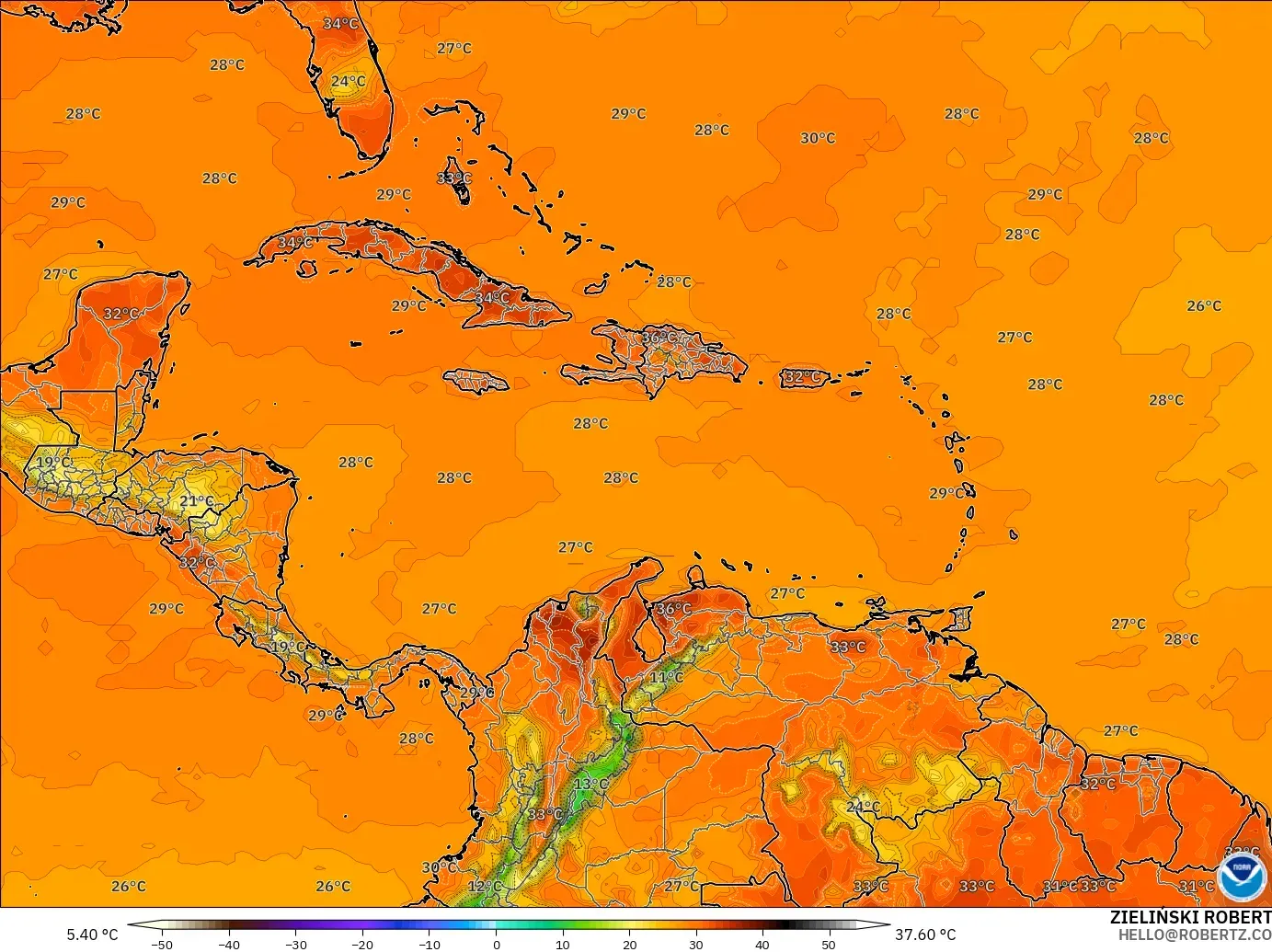 GFS モデル - カリブ海, 気温（2m）