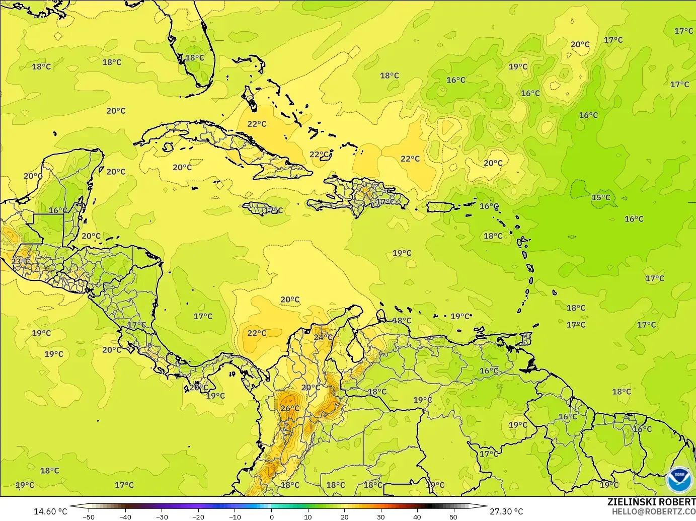 GFS モデル - カリブ海, 気温（850hPa）