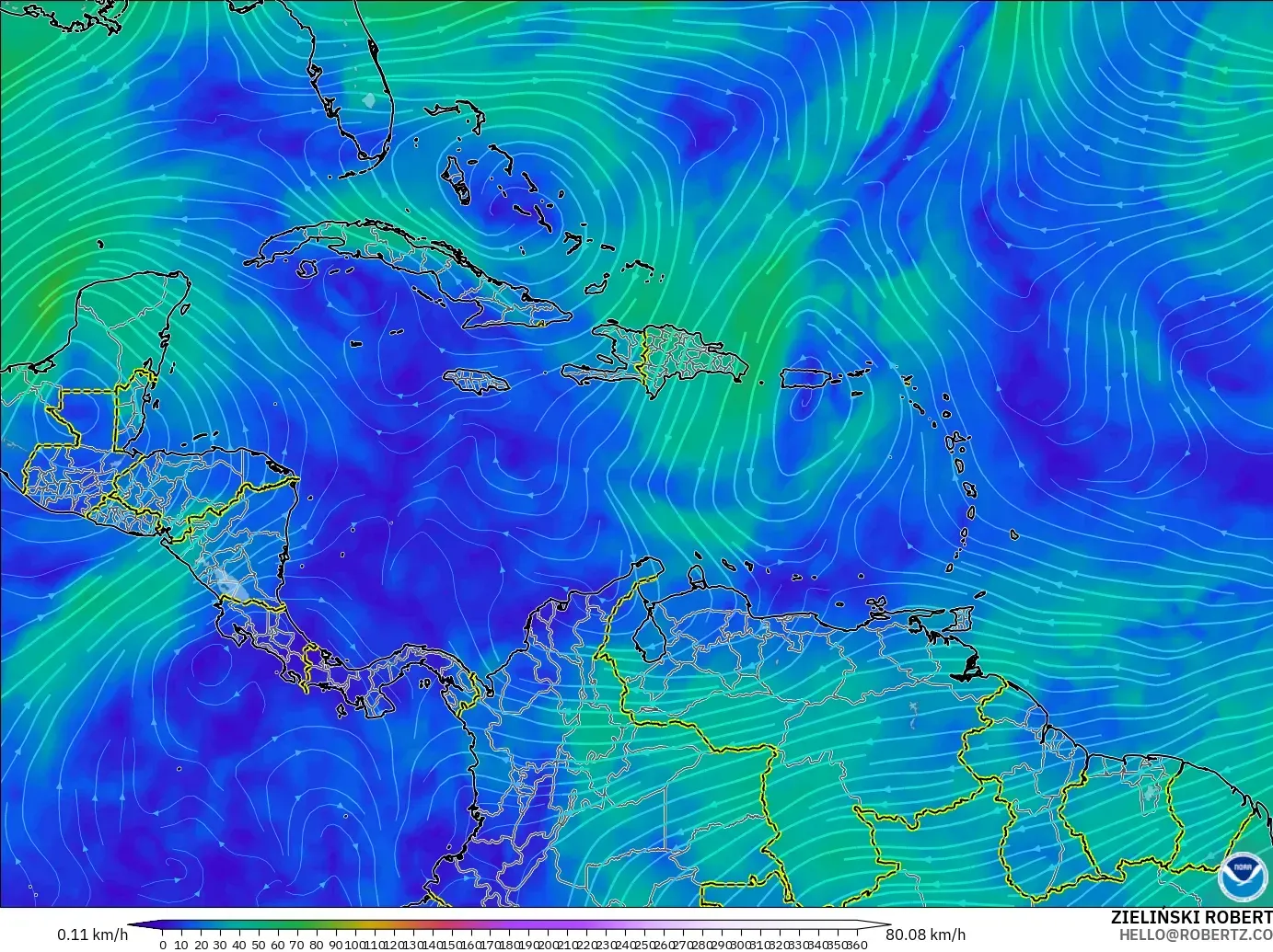 GFS モデル - カリブ海, 風速（300hPa）