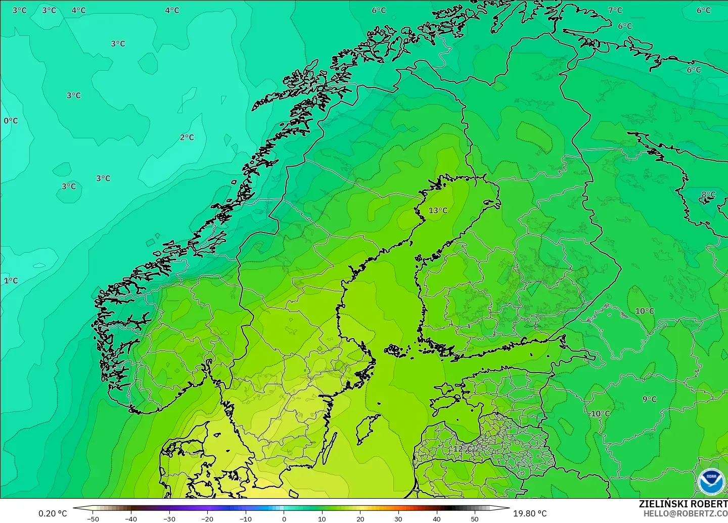 GFS モデル - スカンジナビア, 気温（850hPa）