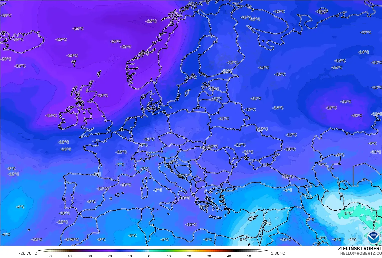 GFS モデル - ヨーロッパ, 気温（500hPa）