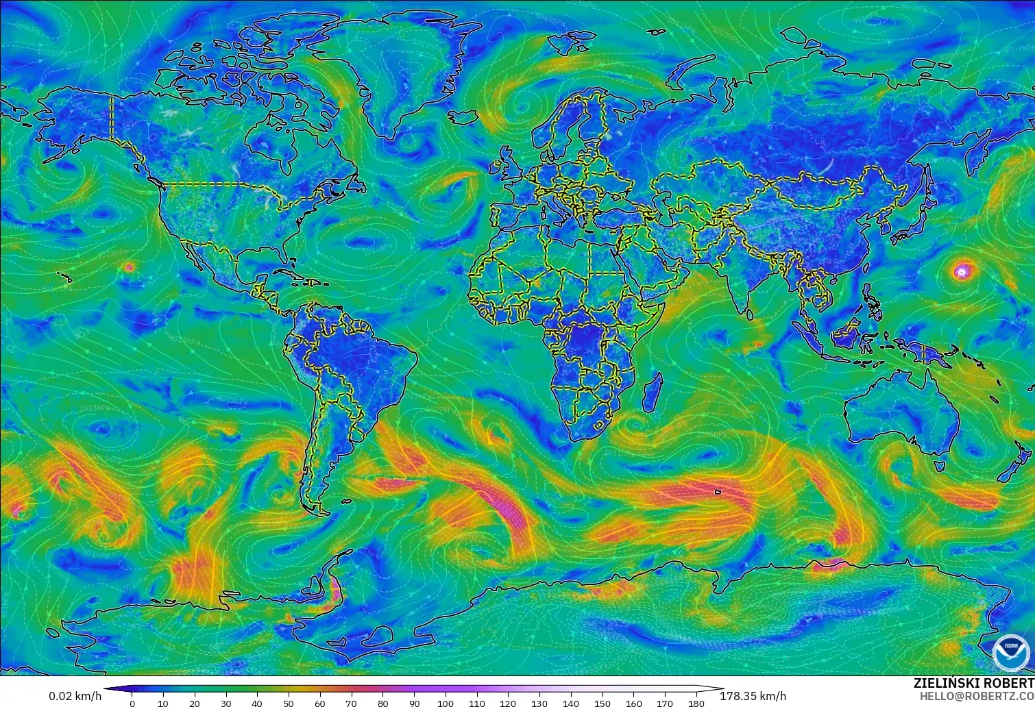 GFS モデル - 世界, 風速（10m）