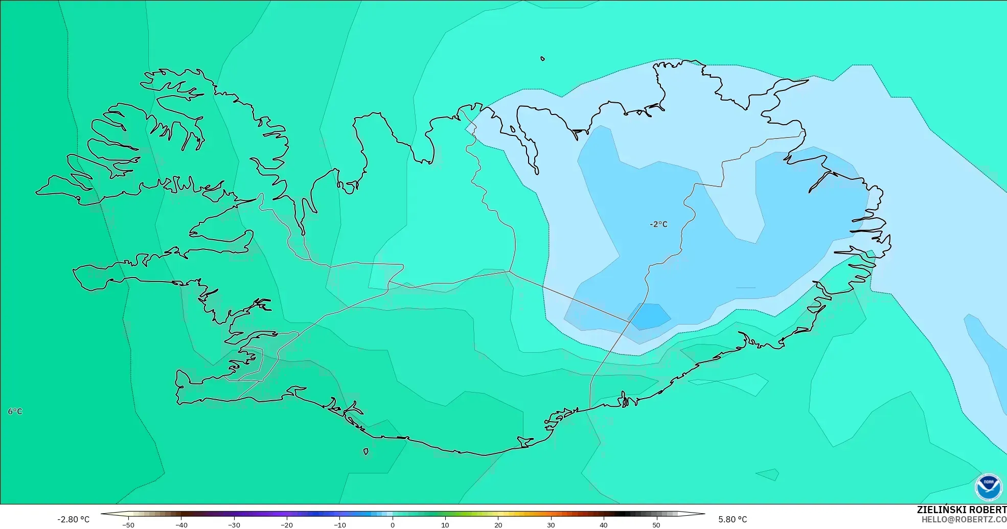 GFS モデル - アイスランド, 気温（850hPa）