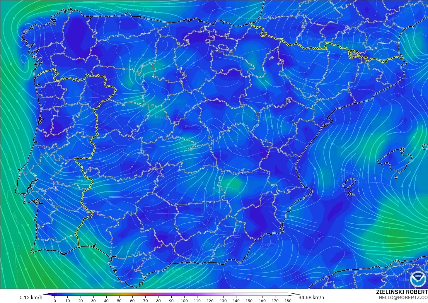 GFS モデル - スペイン, 風速（10m）