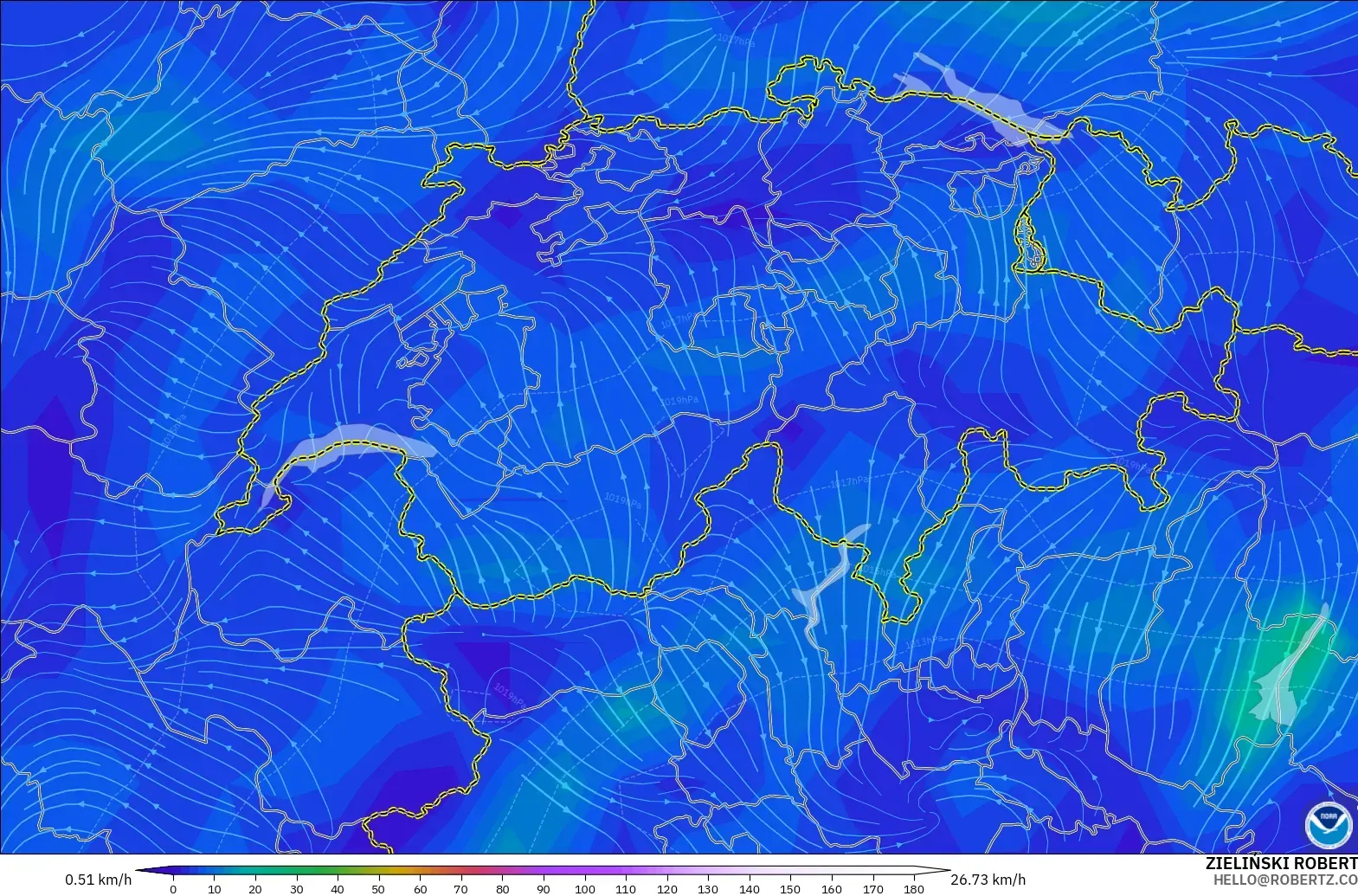 GFS モデル - スイス, 風速（10m）