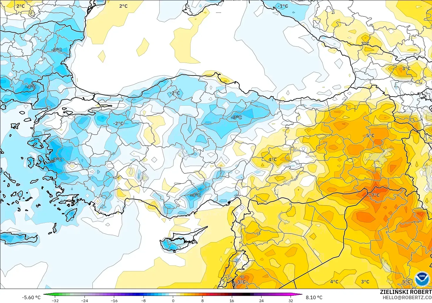GFS モデル - トルコ, 気温異常（2m）