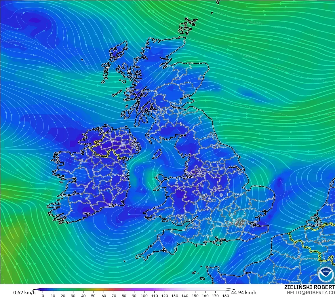 GFS モデル - イギリス, 風速（10m）