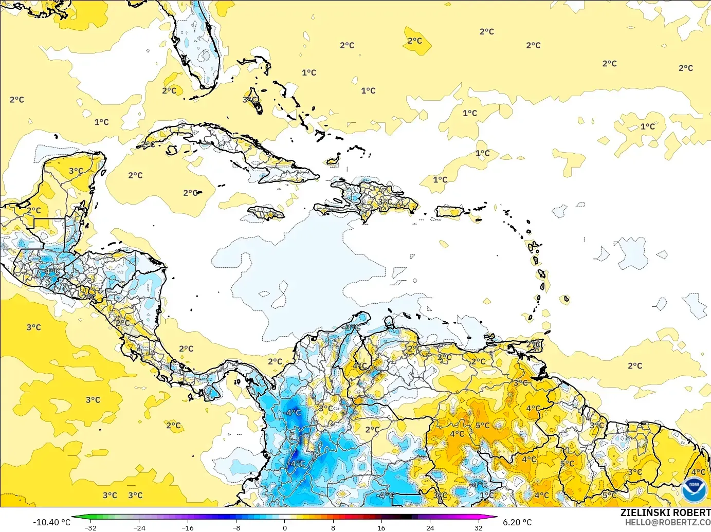 GFS モデル - カリブ海, 気温異常（2m）