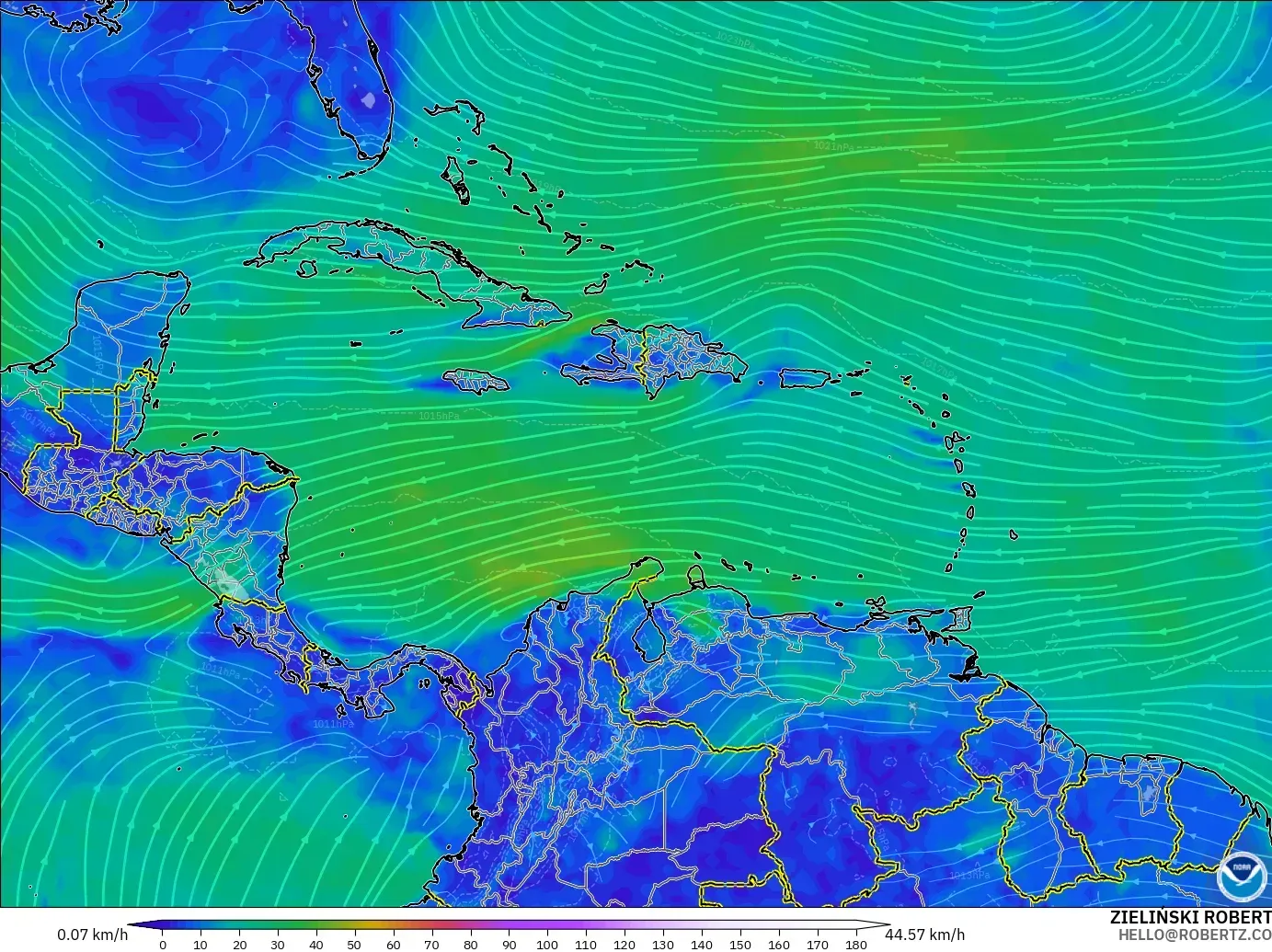 GFS モデル - カリブ海, 風速（10m）
