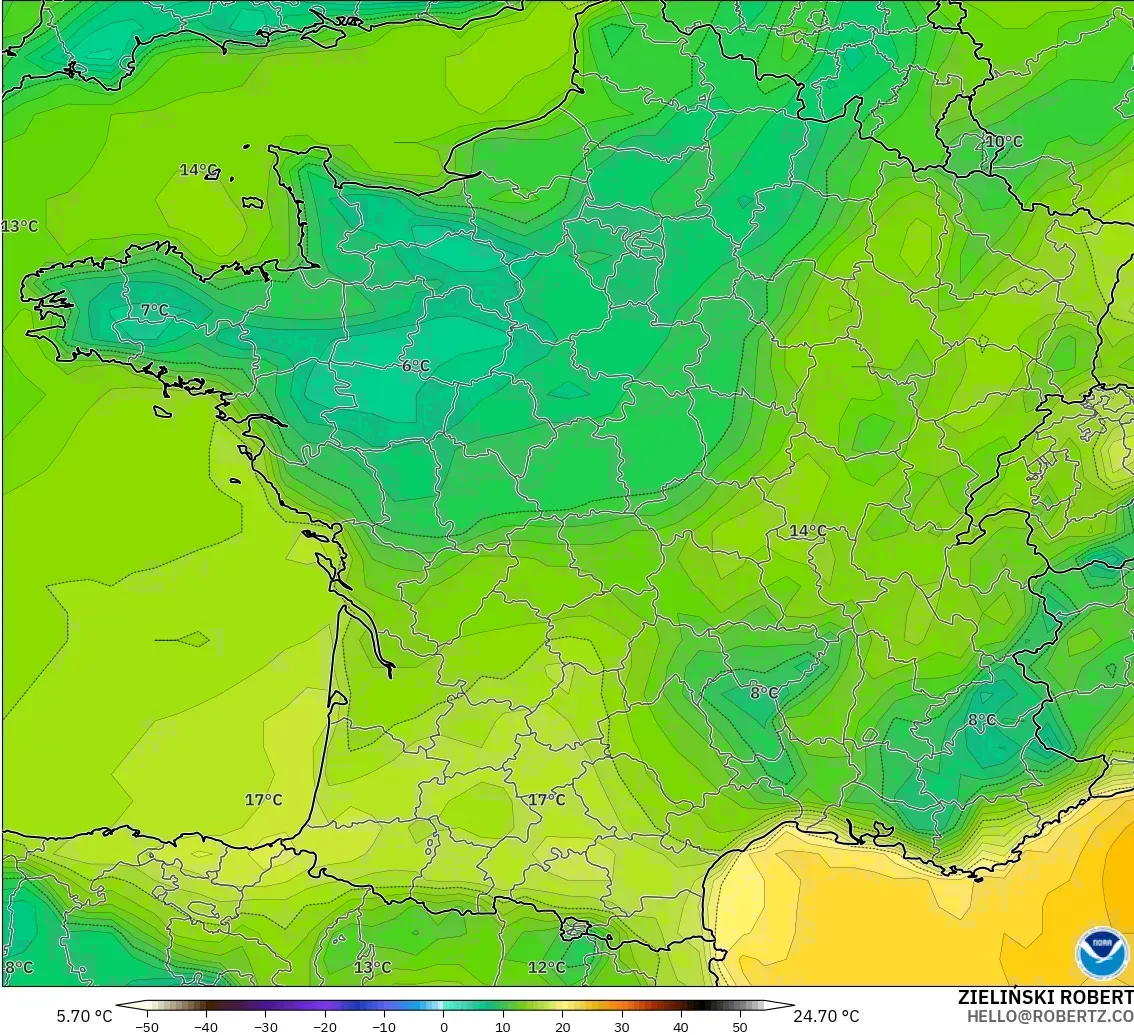 GFS モデル - フランス, 露点温度（2m）