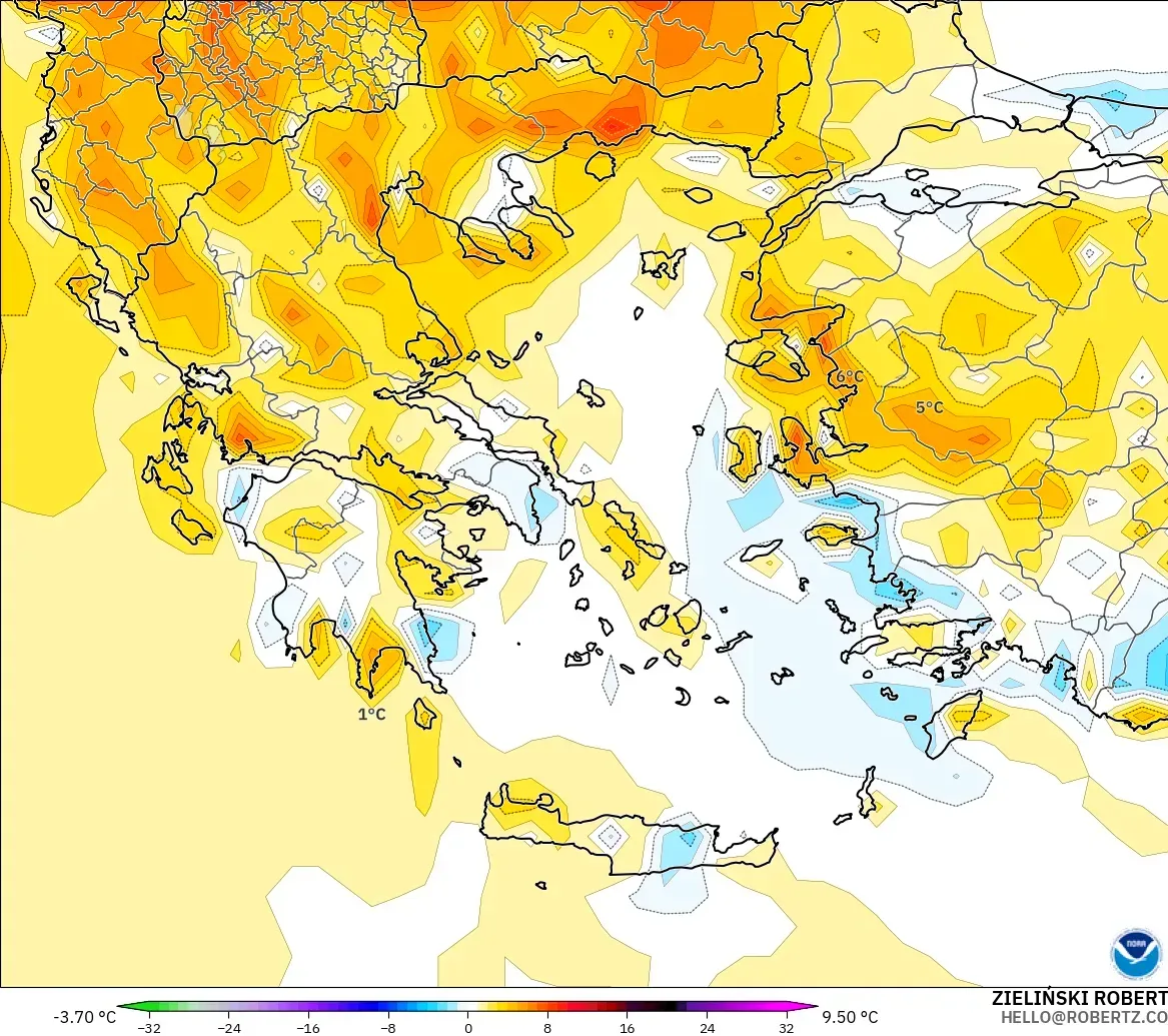 GFS モデル - ギリシャ, 気温異常（2m）