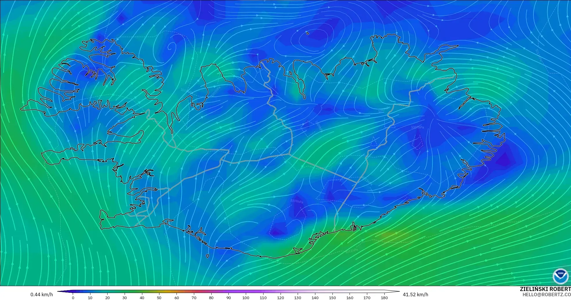 GFS モデル - アイスランド, 風速（10m）