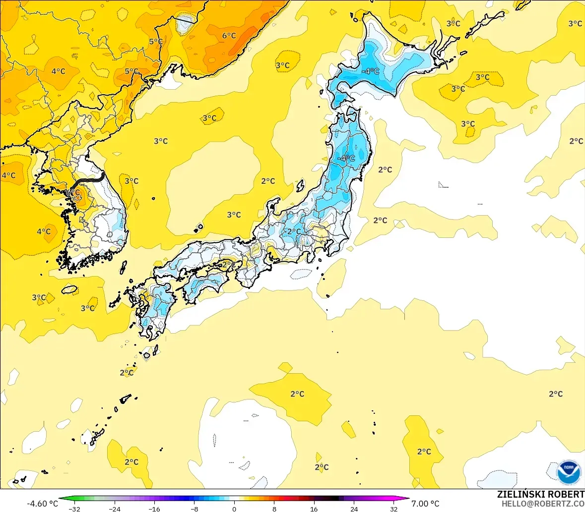 GFS モデル - 日本, 気温異常（2m）