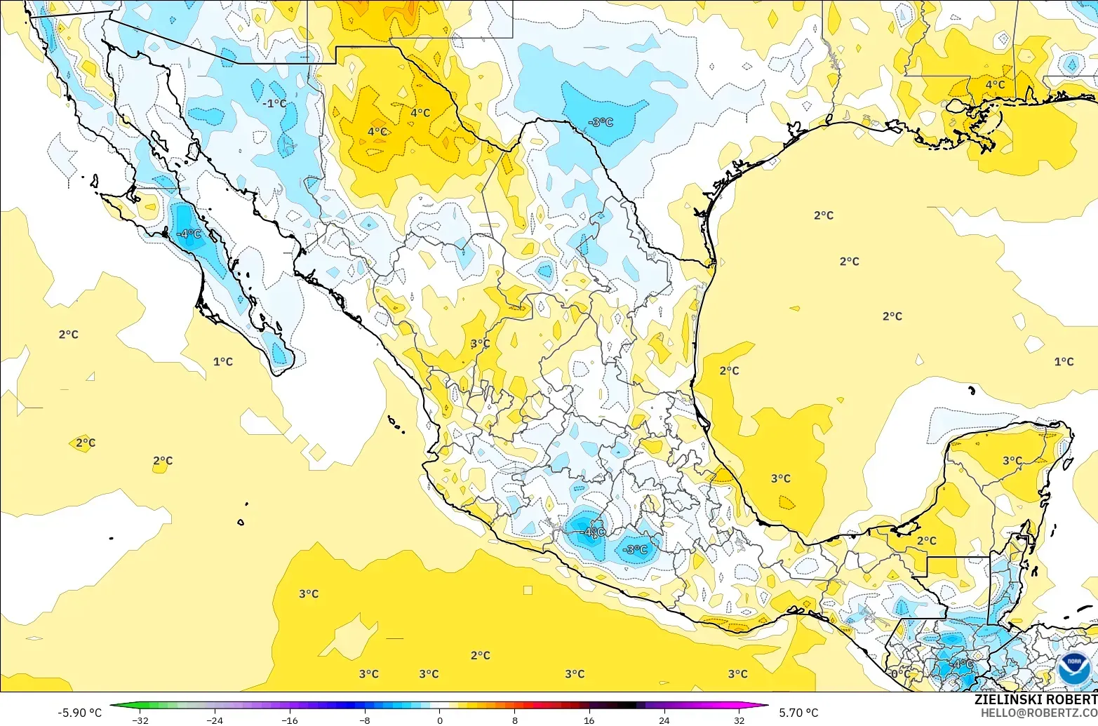 GFS モデル - メキシコ, 気温異常（2m）