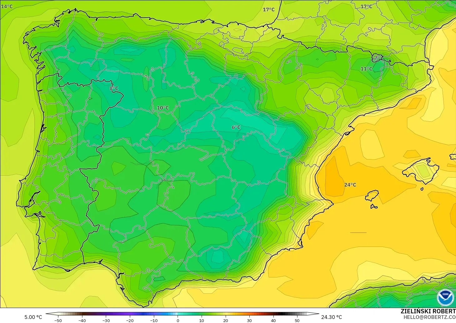 GFS モデル - スペイン, 露点温度（2m）