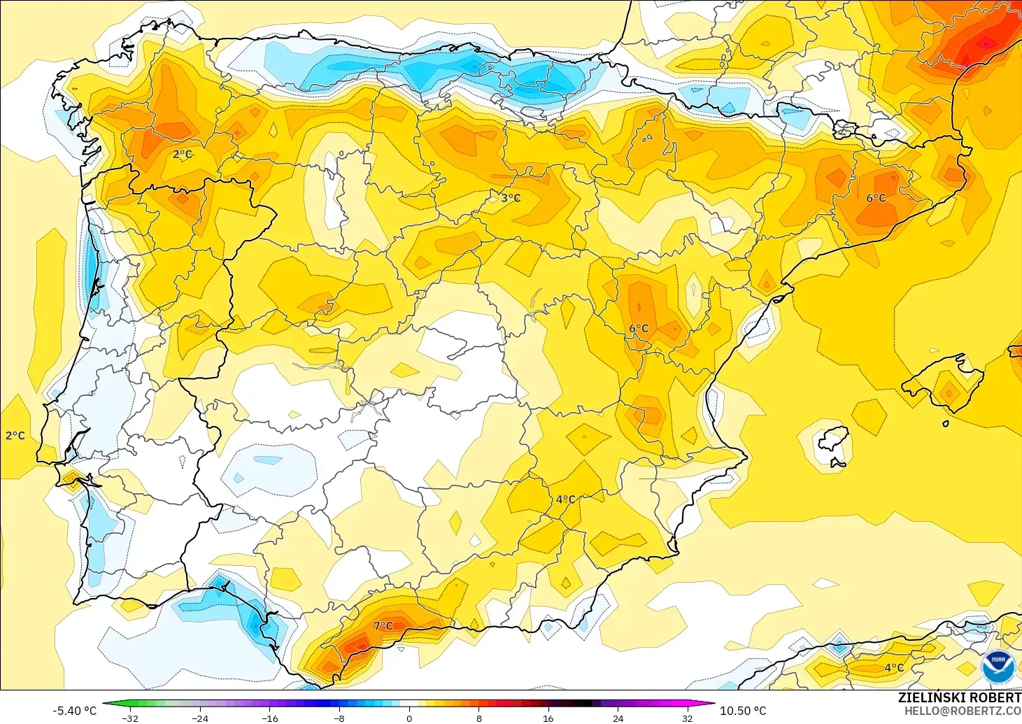 GFS モデル - スペイン, 気温異常（2m）