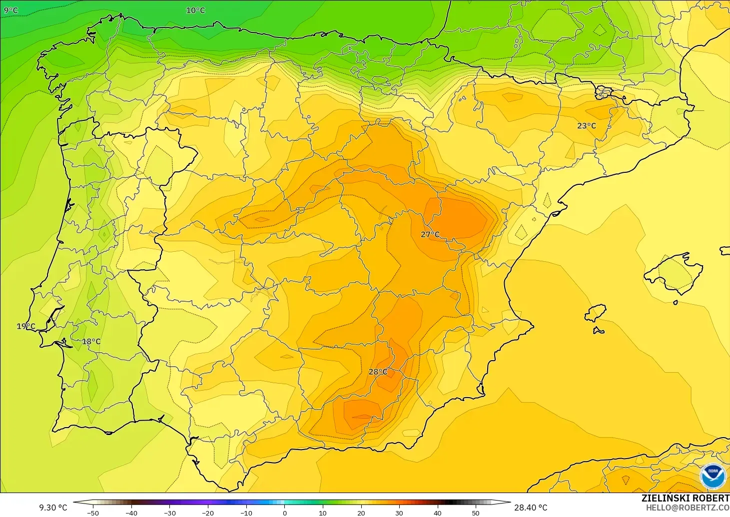 GFS モデル - スペイン, 気温（850hPa）