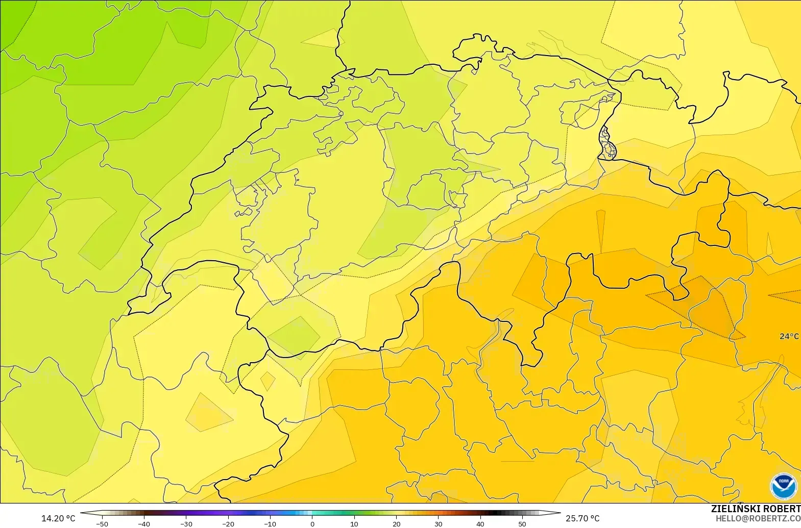 GFS モデル - スイス, 気温（850hPa）