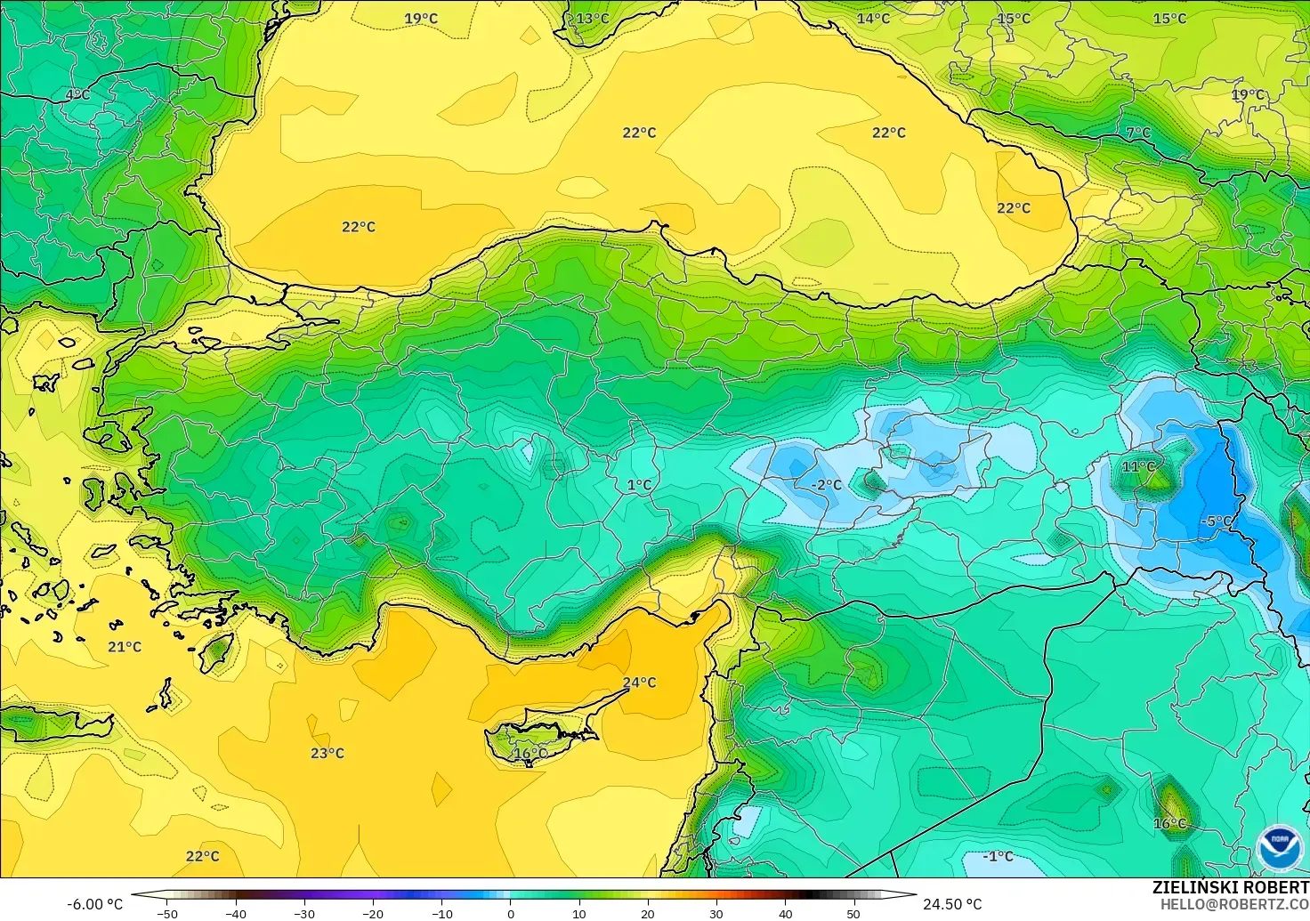 GFS モデル - トルコ, 露点温度（2m）