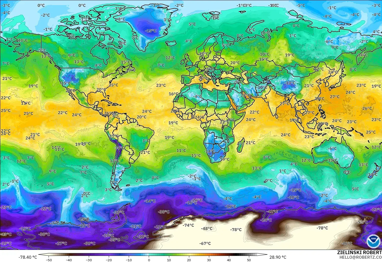 GFS モデル - 世界, 露点温度（2m）