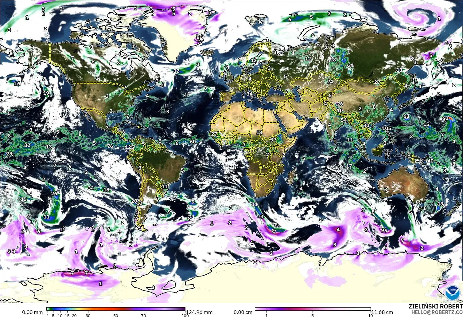 GFS モデル - 世界, 降水量、雲、気圧