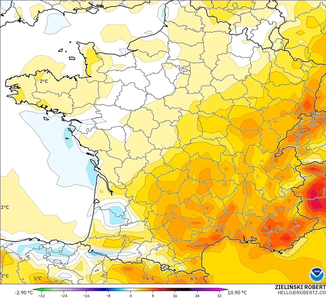 GFS モデル - フランス, 気温異常（2m）