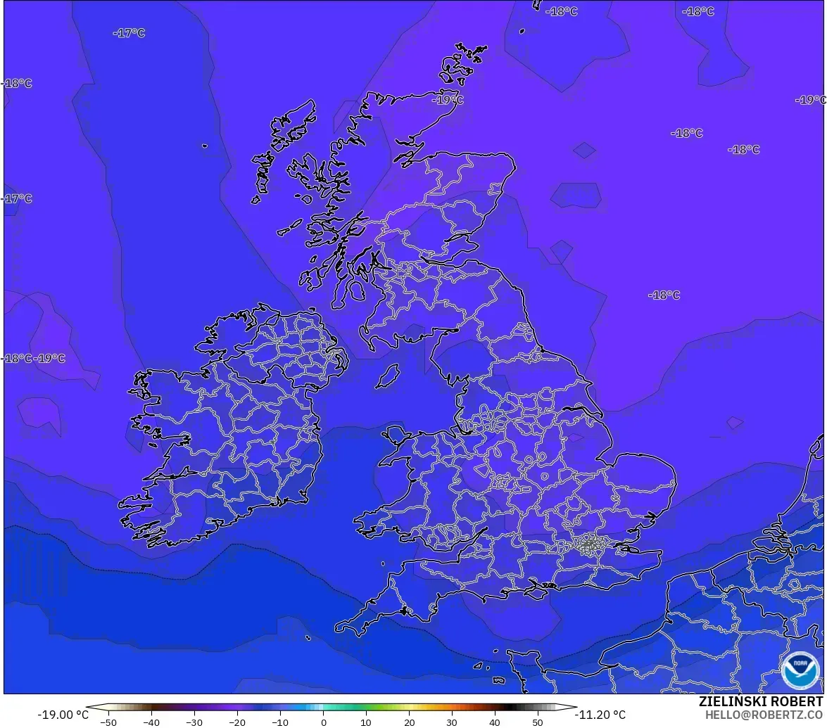 GFS モデル - イギリス, 気温（500hPa）