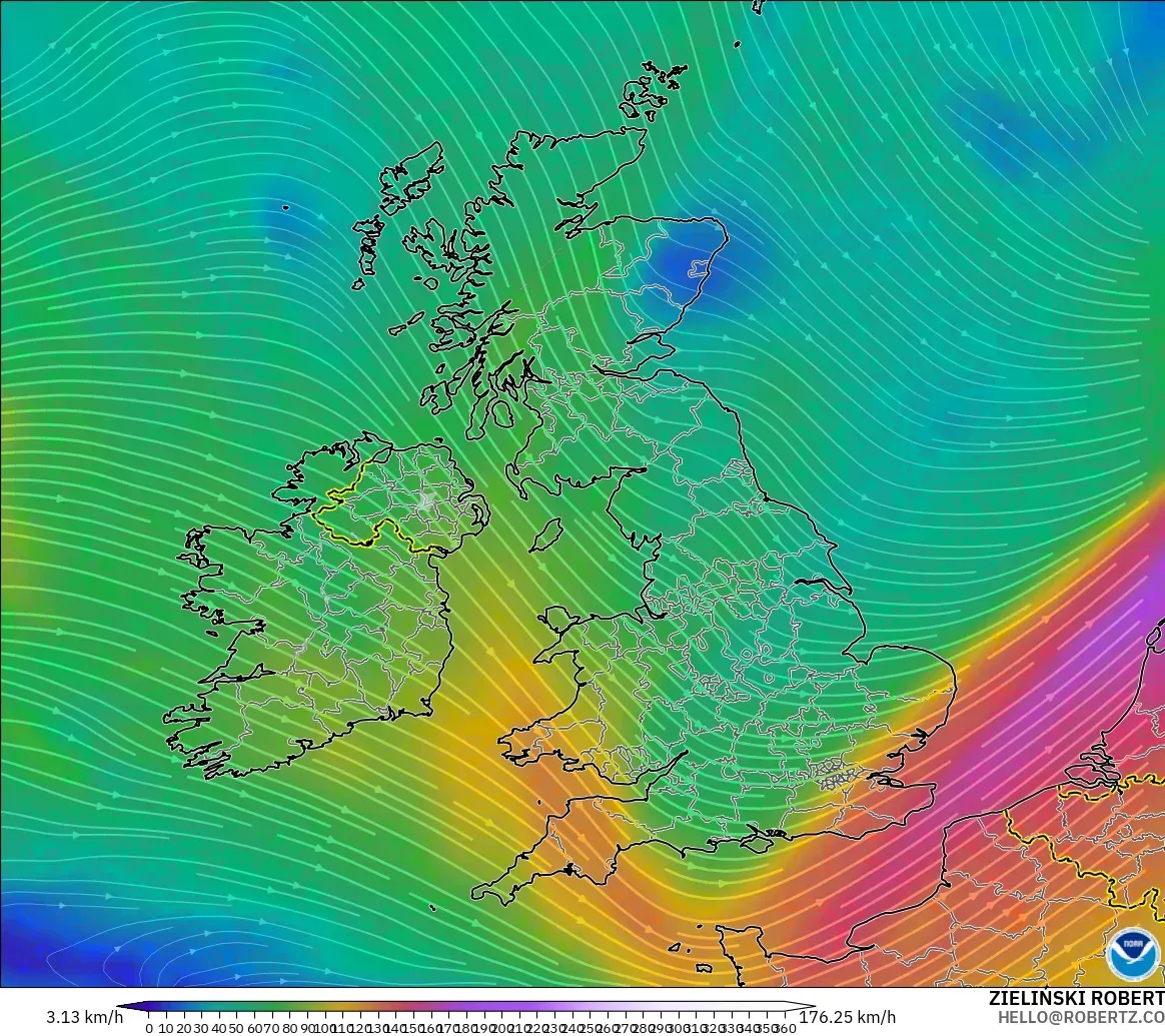 GFS モデル - イギリス, 風速（300hPa）