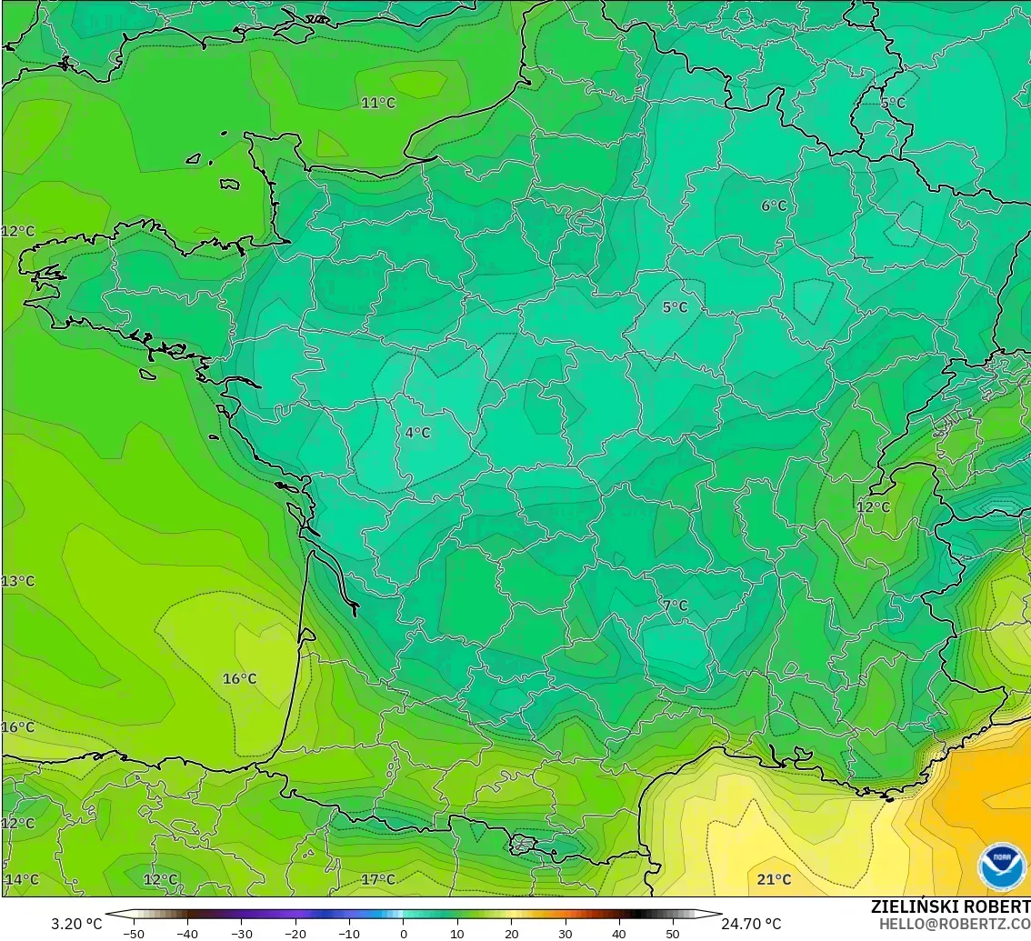 GFS モデル - フランス, 露点温度（2m）