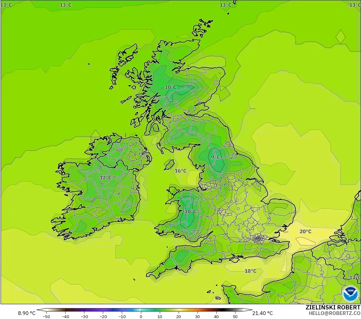 GFS モデル - イギリス, 気温（2m）