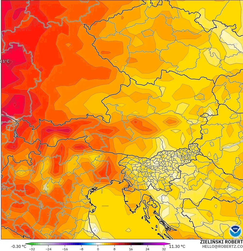 GFS モデル - オーストリア, 気温異常（2m）