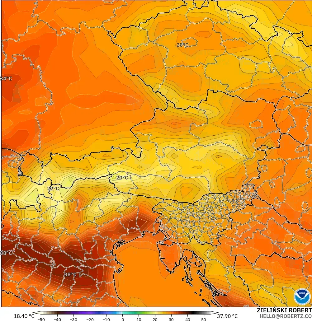 GFS モデル - オーストリア, 気温（2m）