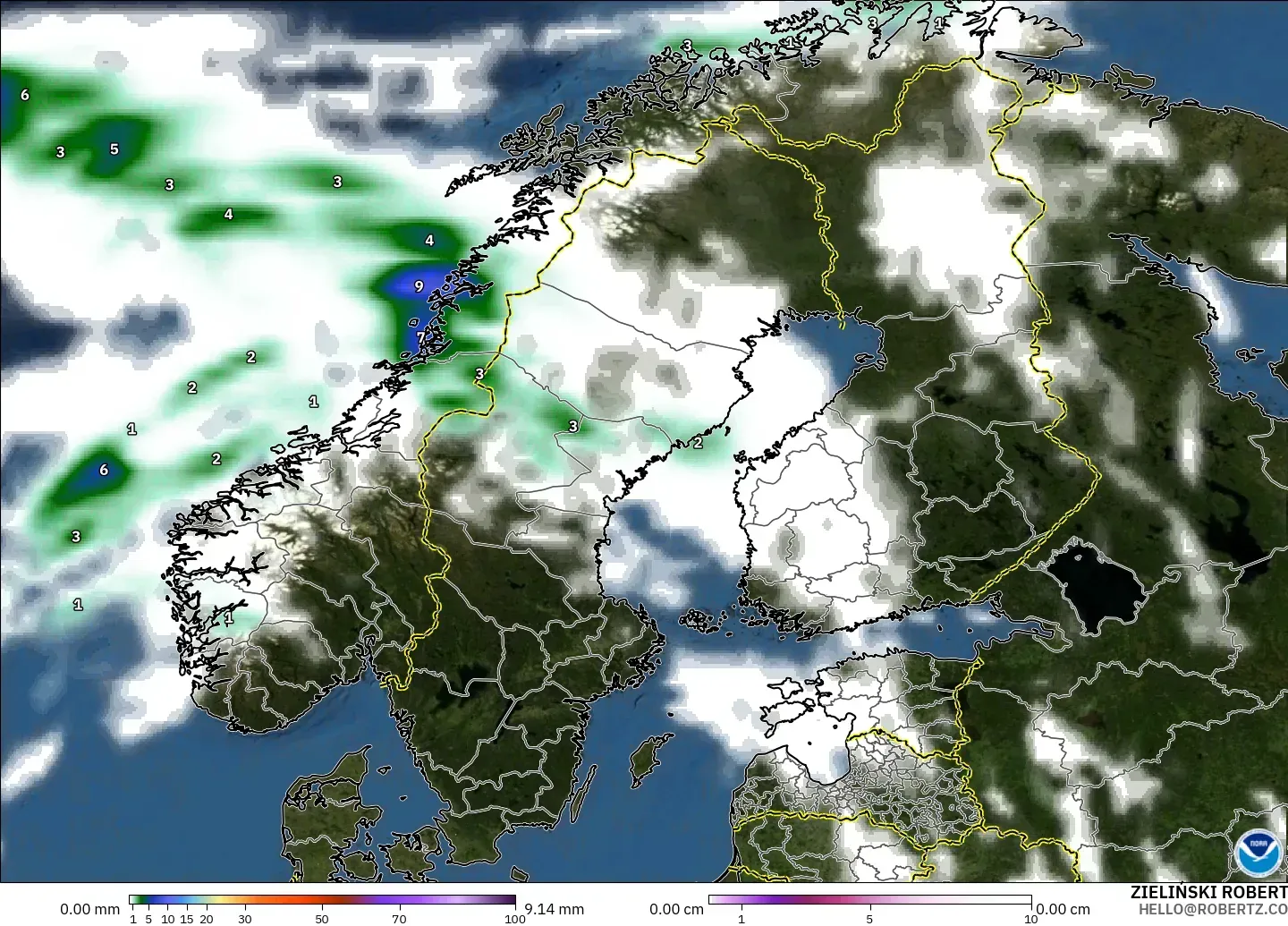 GFS モデル - スカンジナビア, 降水量、雲、気圧