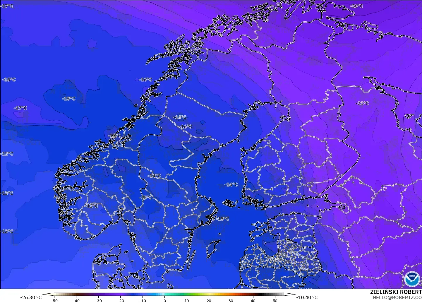 GFS モデル - スカンジナビア, 気温（500hPa）