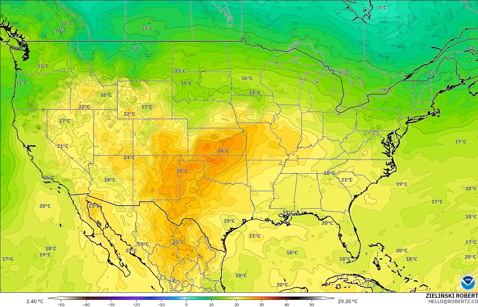 GFS モデル - アメリカ合衆国, 気温（850hPa）
