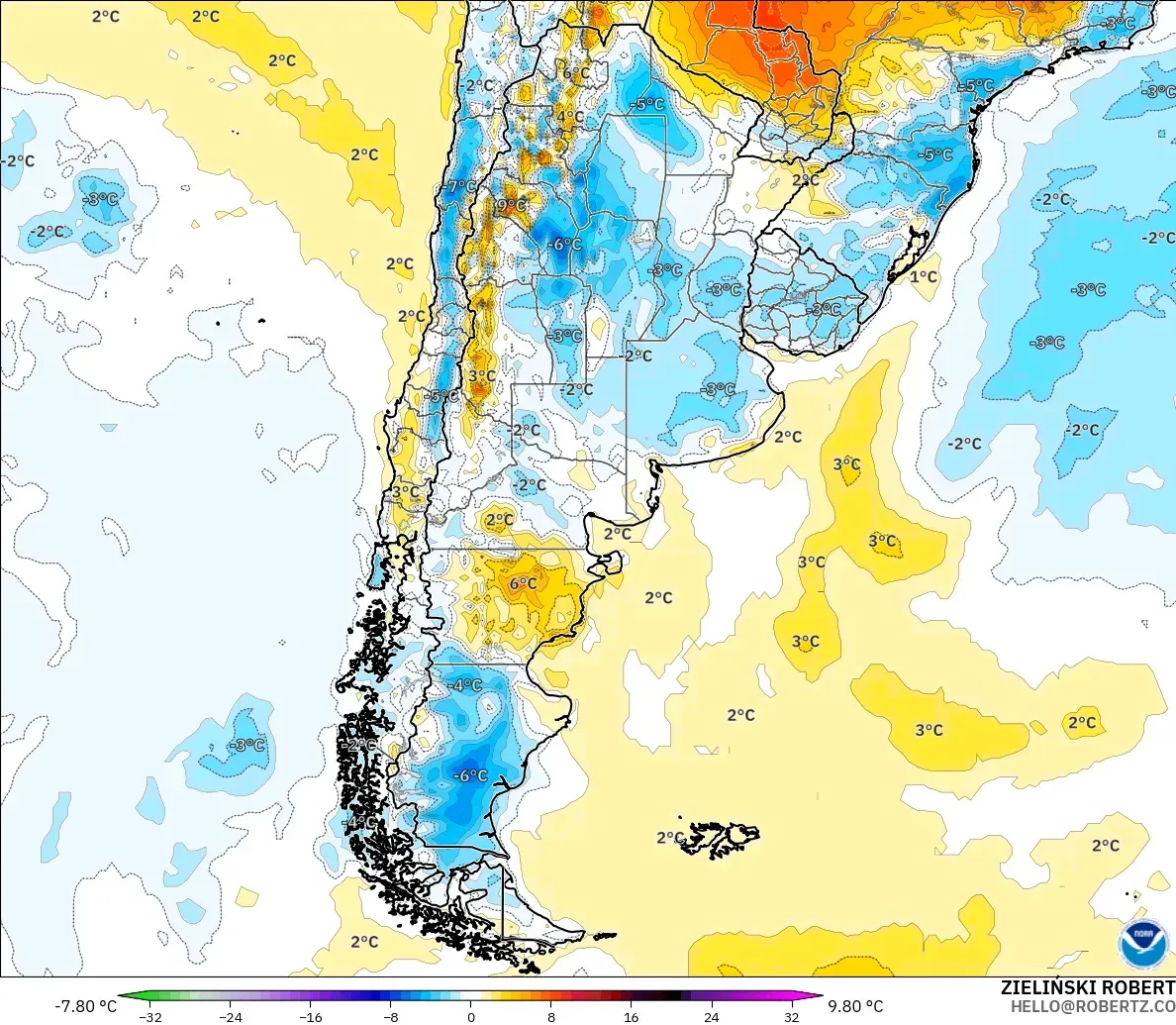 GFS モデル - アルゼンチン, 気温異常（2m）
