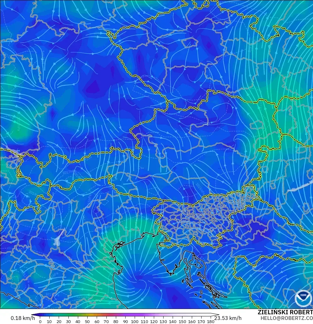 GFS モデル - オーストリア, 風速（10m）