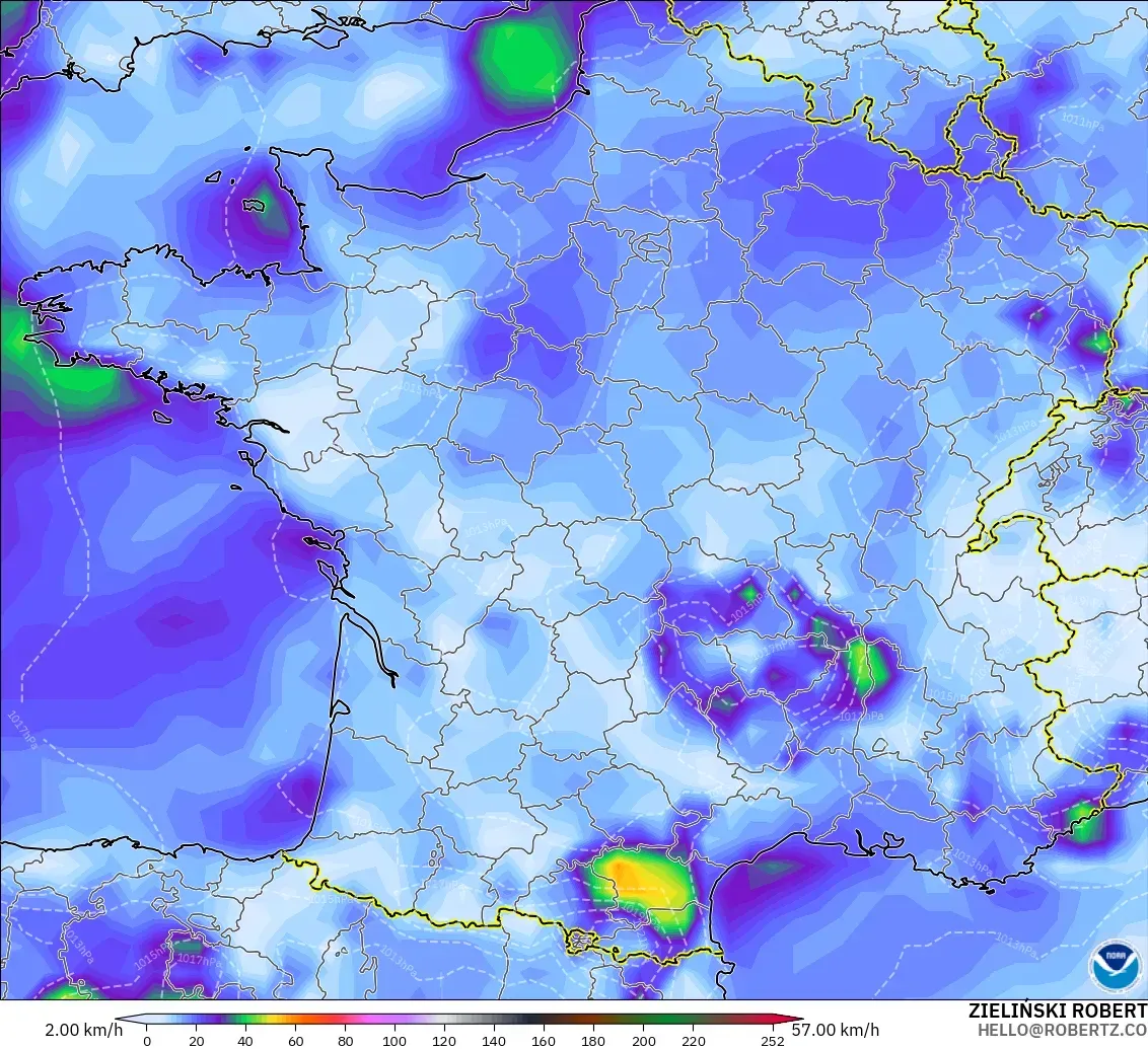 GFS モデル - フランス, 突風（最大）