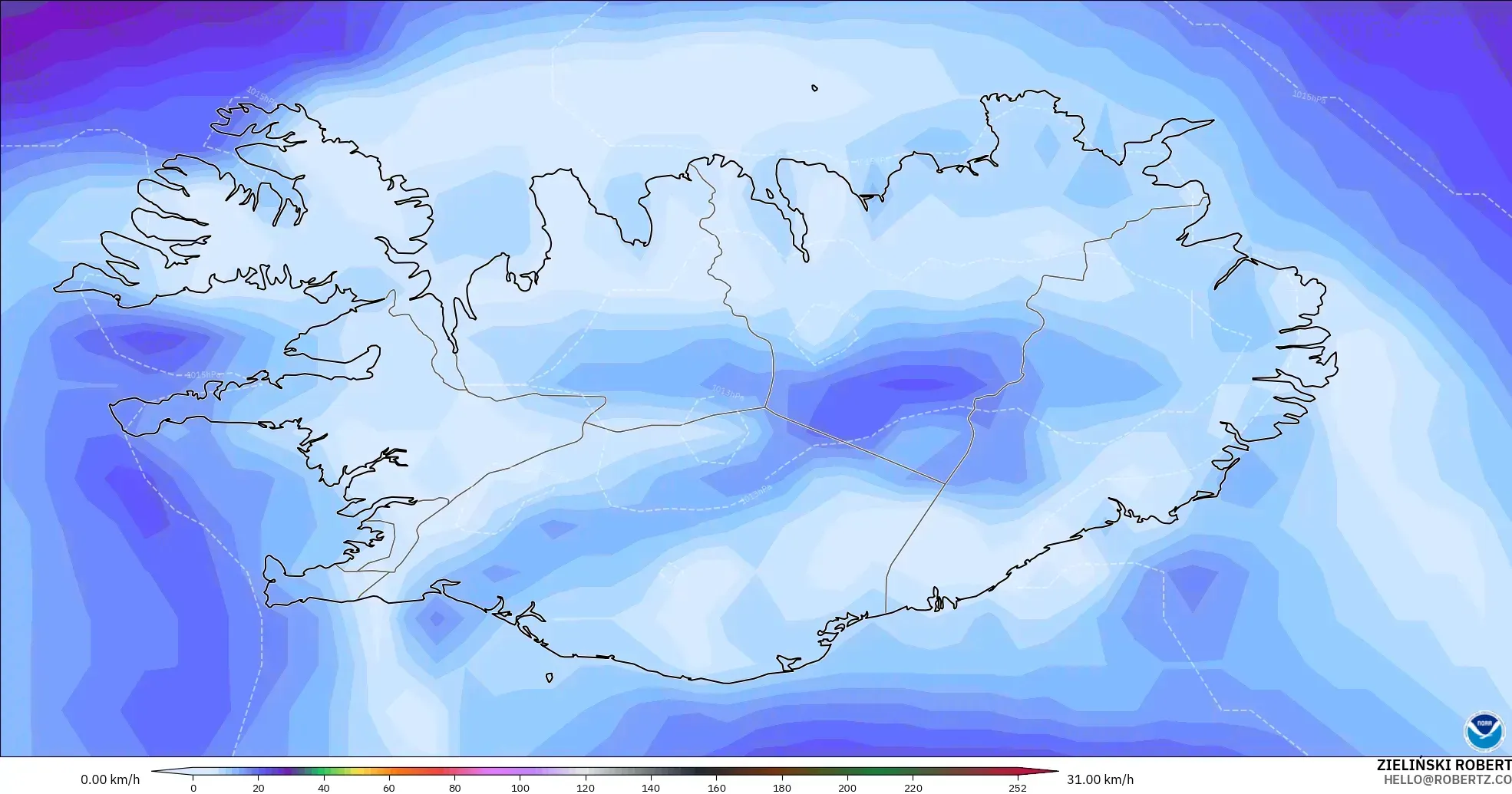 GFS モデル - アイスランド, 突風（最大）
