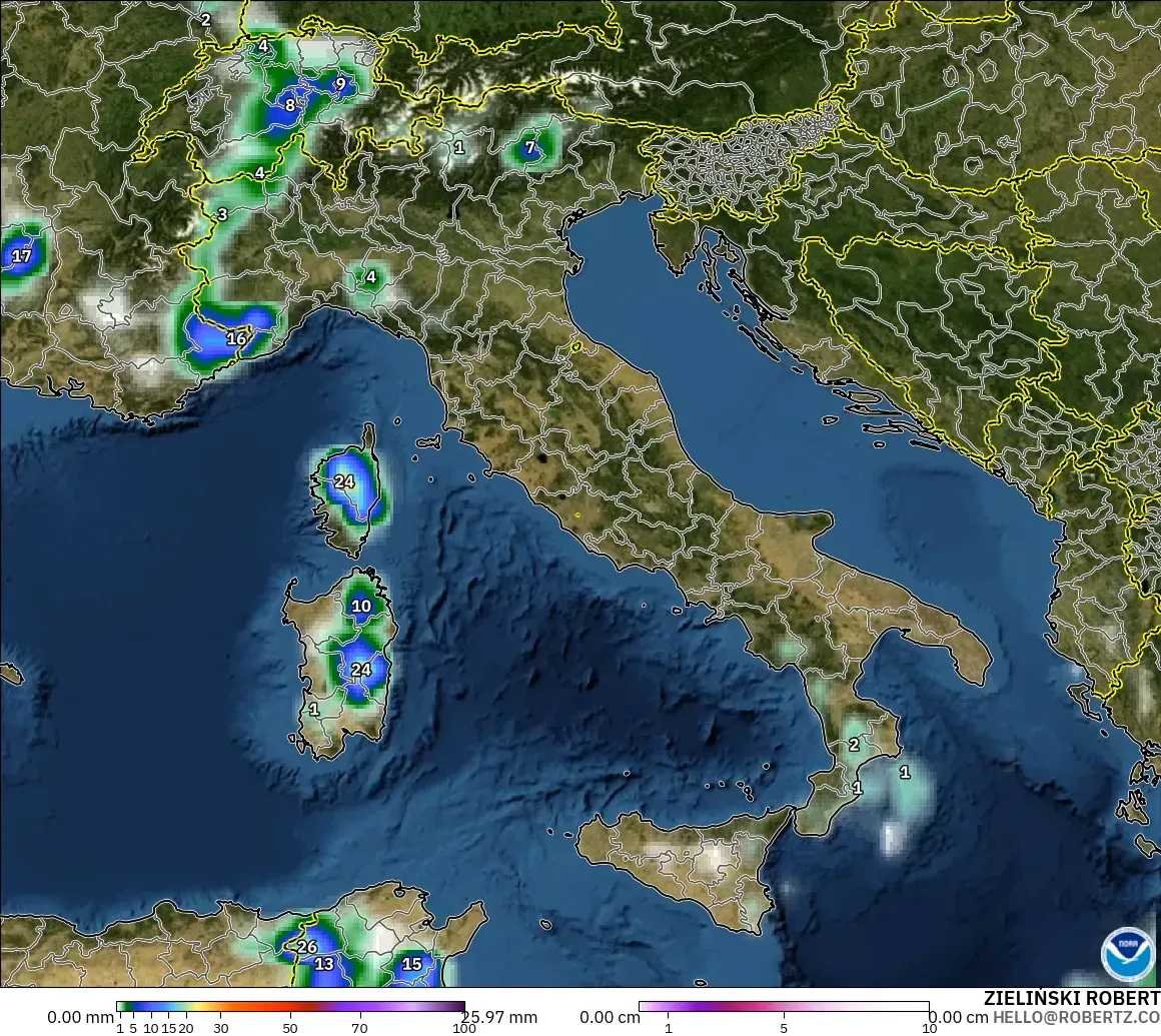 GFS モデル - イタリア, 降水量、雲、気圧