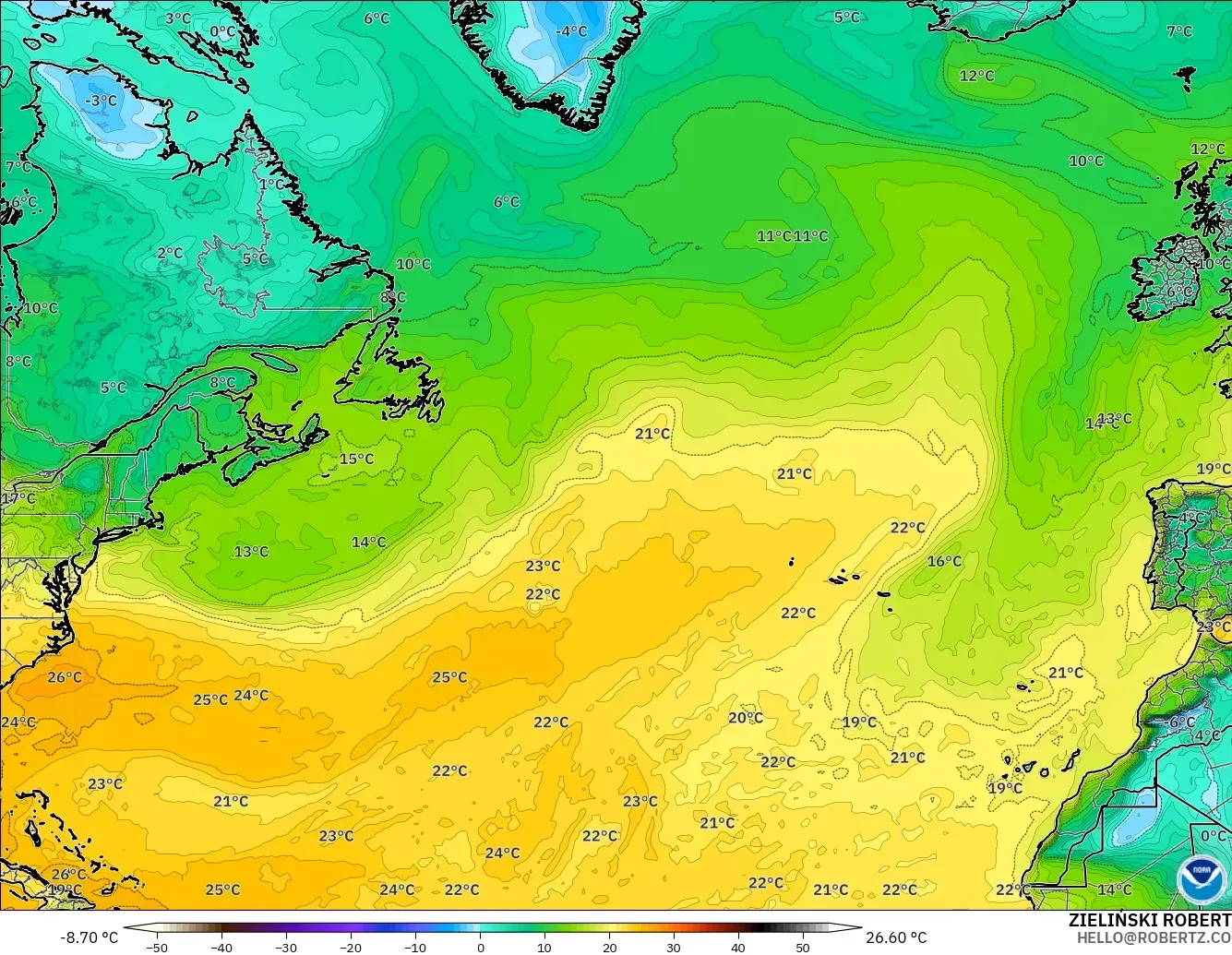 GFS モデル - 北大西洋, 露点温度（2m）