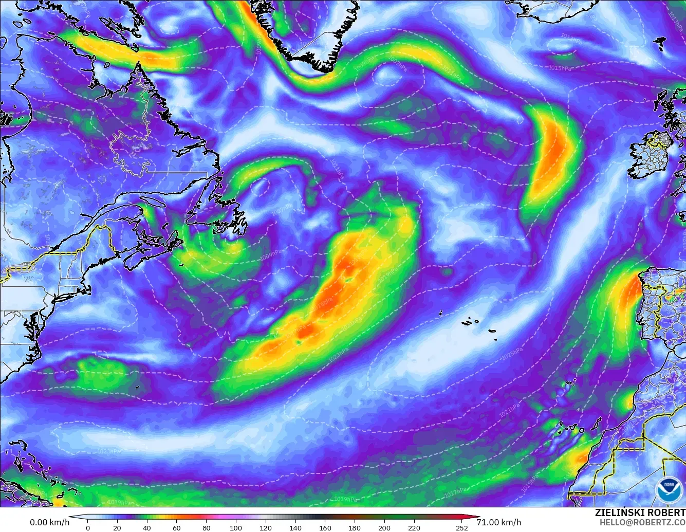 GFS モデル - 北大西洋, 突風