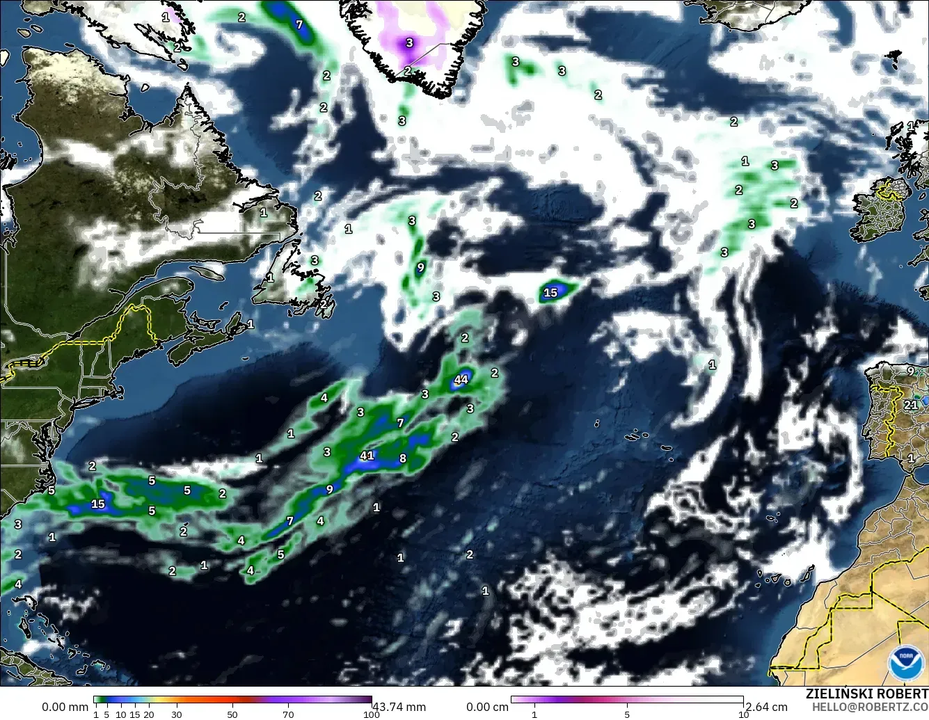 GFS モデル - 北大西洋, 降水量、雲、気圧