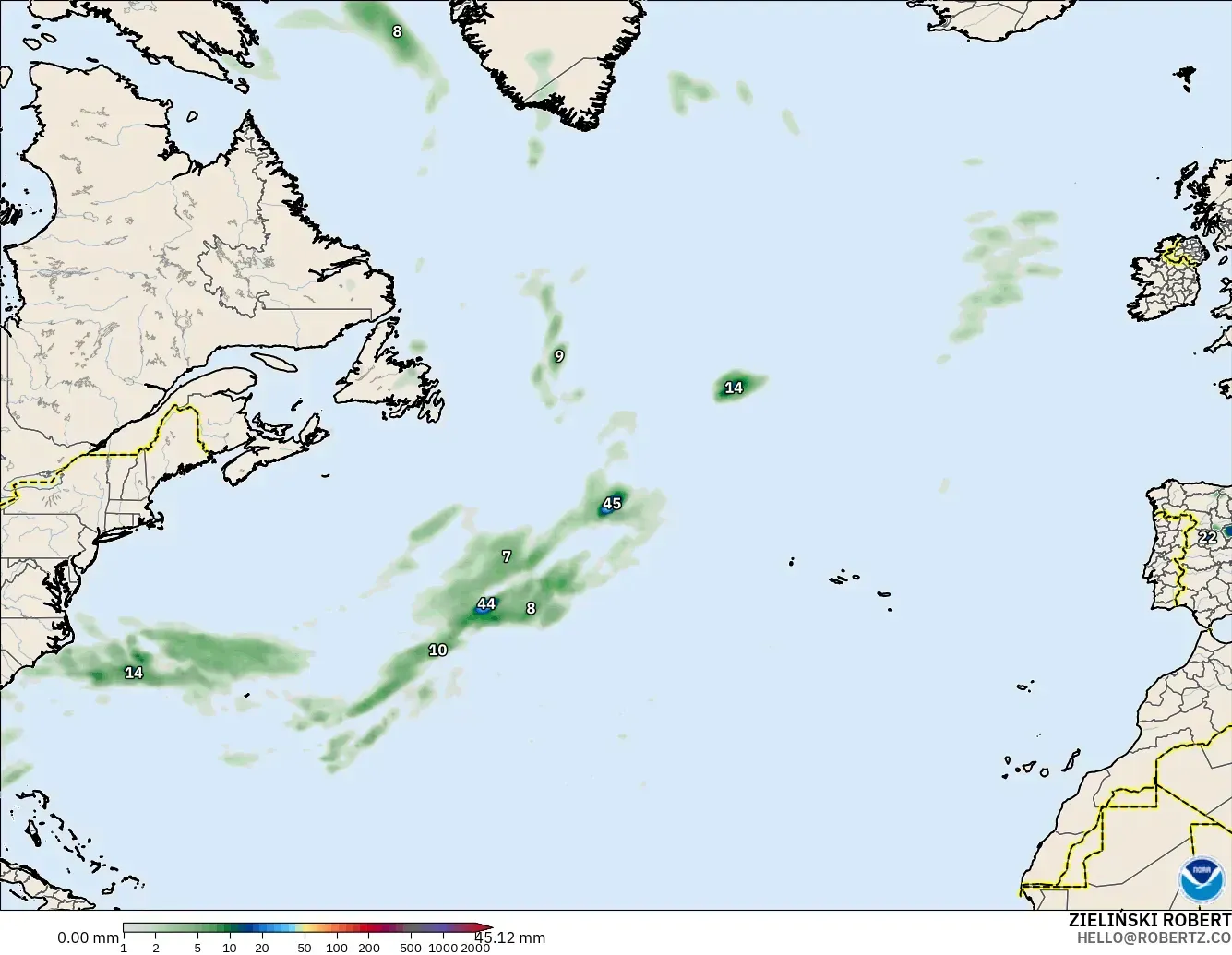 GFS モデル - 北大西洋, 降水量の合計