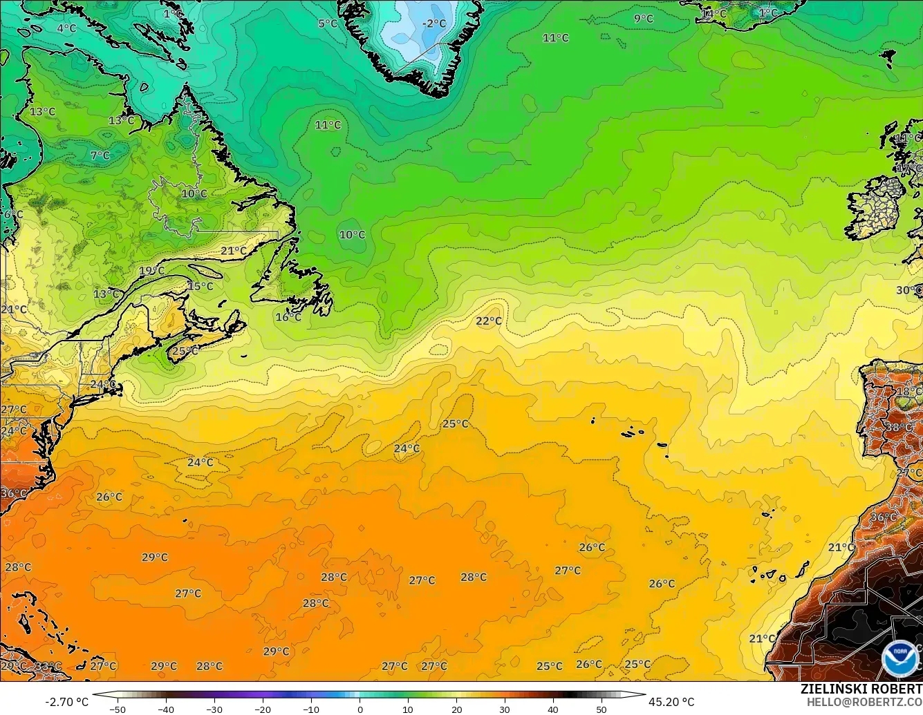 GFS モデル - 北大西洋, 気温（2m）