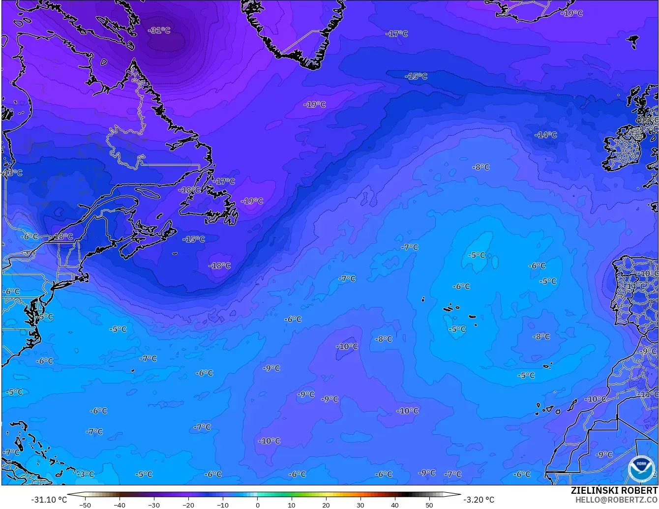 GFS モデル - 北大西洋, 気温（500hPa）