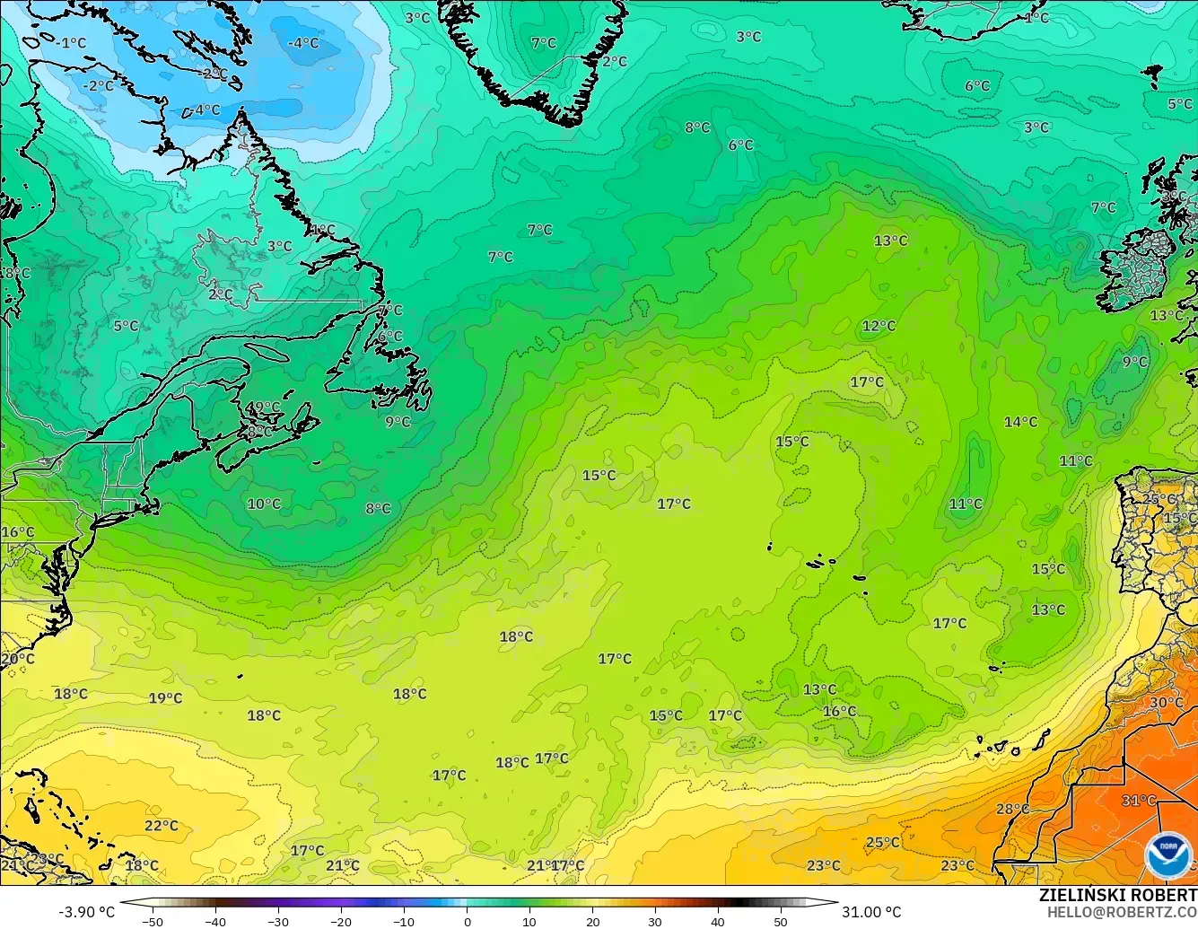 GFS モデル - 北大西洋, 気温（850hPa）