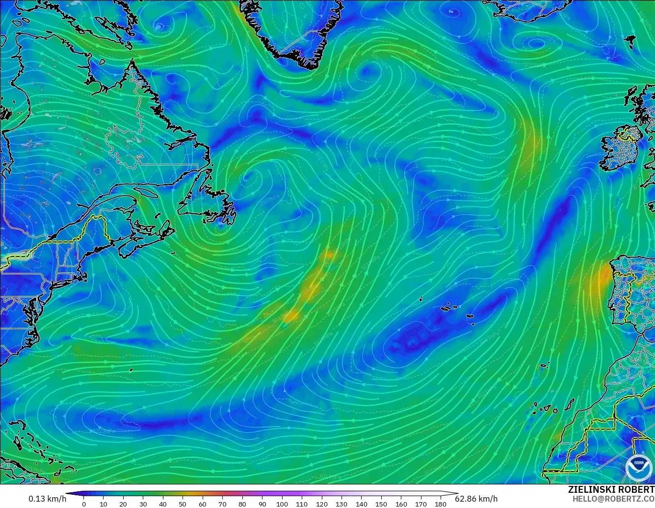 GFS モデル - 北大西洋, 風速（10m）